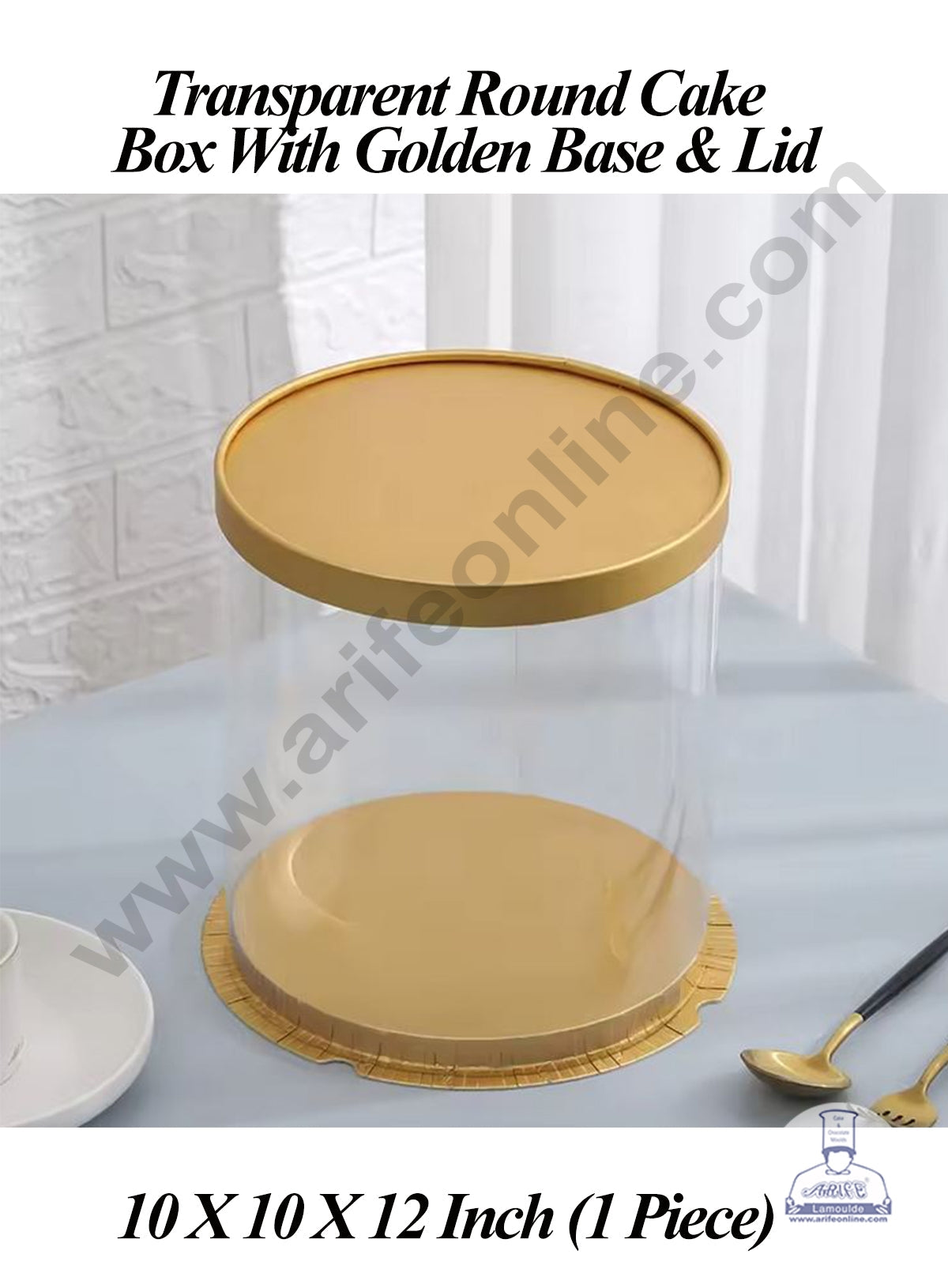 1 Piece Transparent Round Cake Box With Golden Base & Lid | Gift Box | Hamper Box | Pinata Box - (10 X 10 X 12 Inch)  (ARE)
