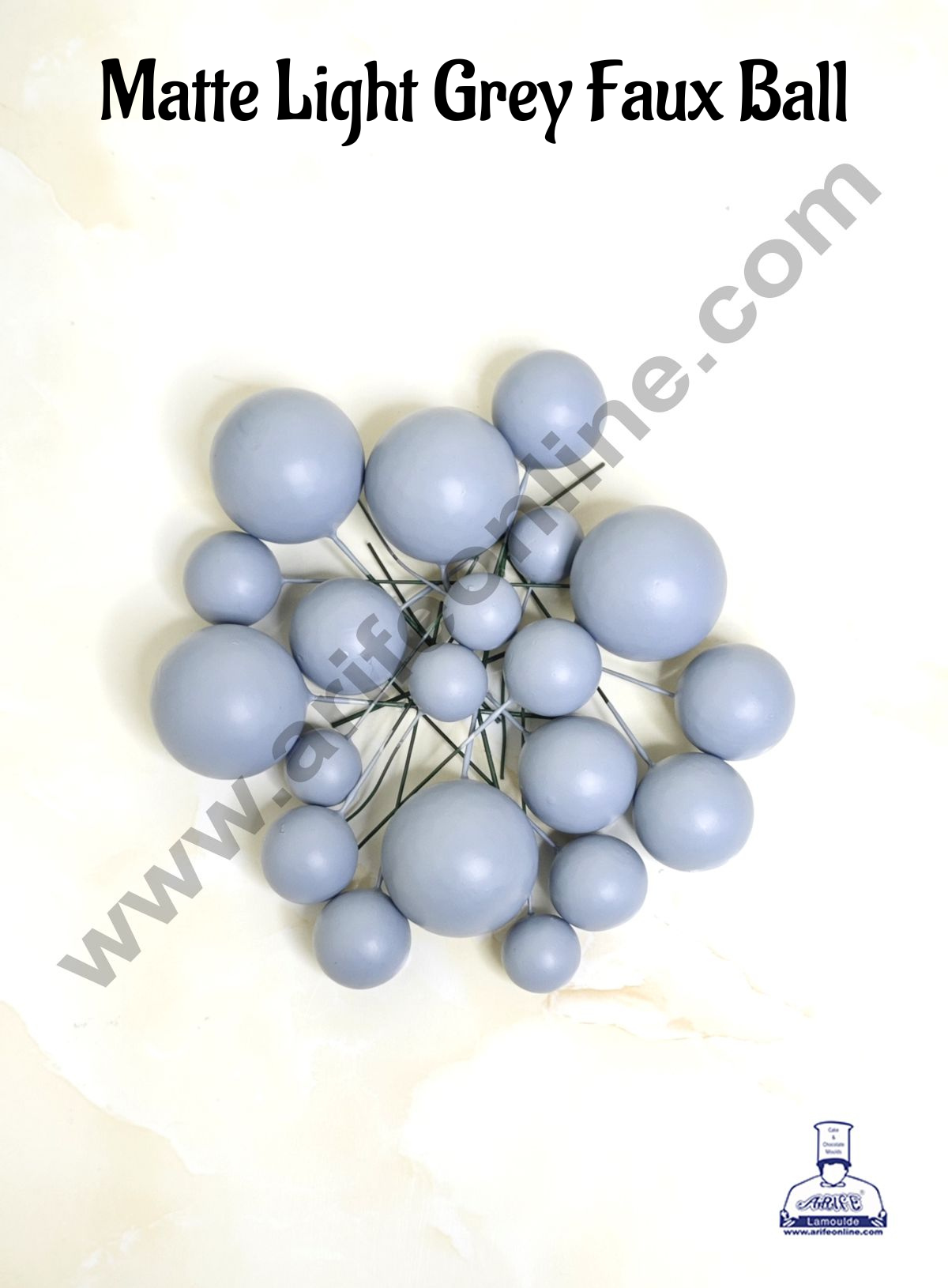 Matte Light Grey Faux Ball Topper For Cake and Cupcake Decoration - 20 pcs Pack (MOQ 300 PACKET 1 CRTN) (IM)