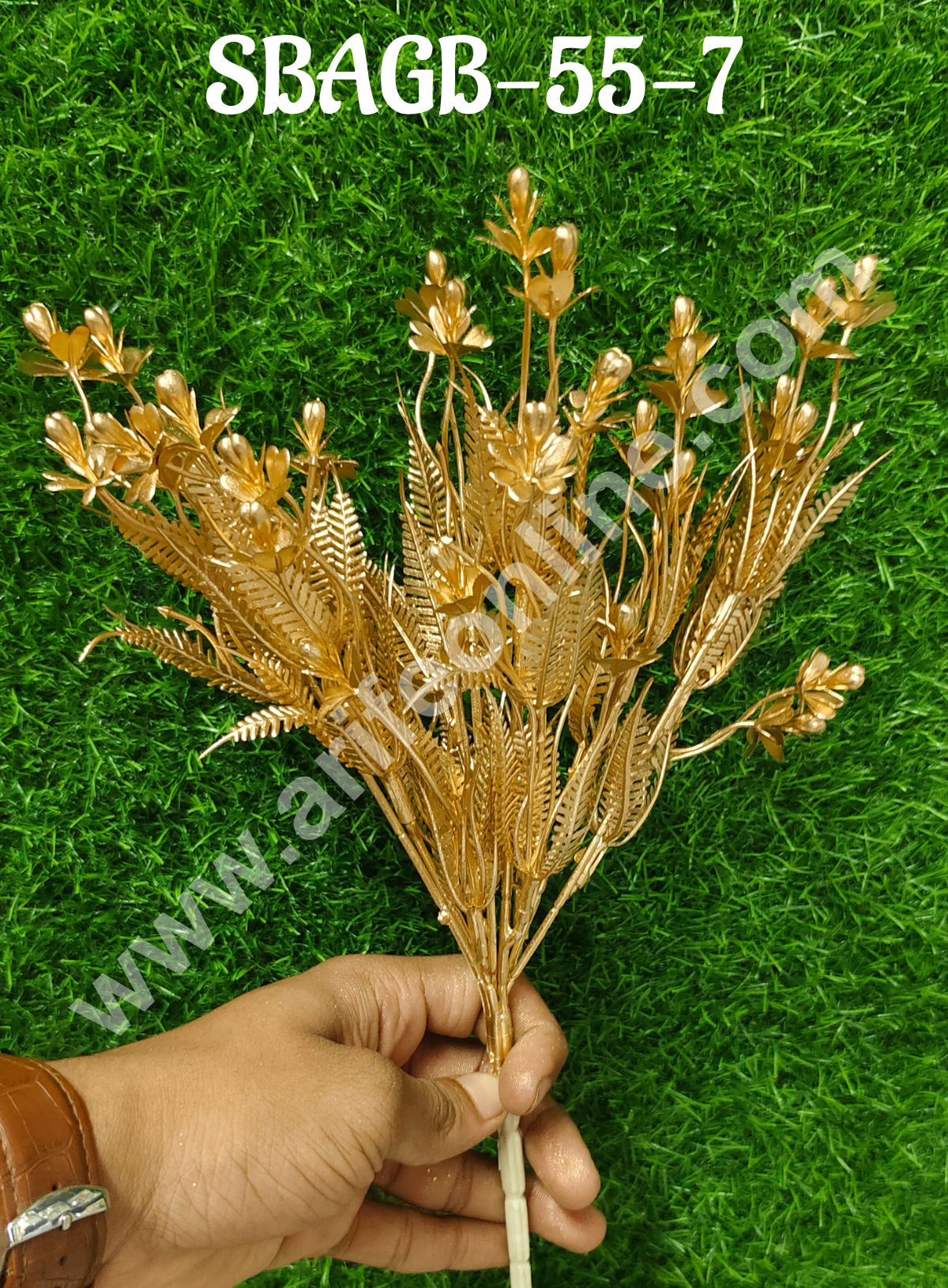 Gold Artificial Rose Flower Bouquet Decorative Item For Cake Decoration- 1 Stick (SBAGB-55-7) (MOQ 12 PCS)