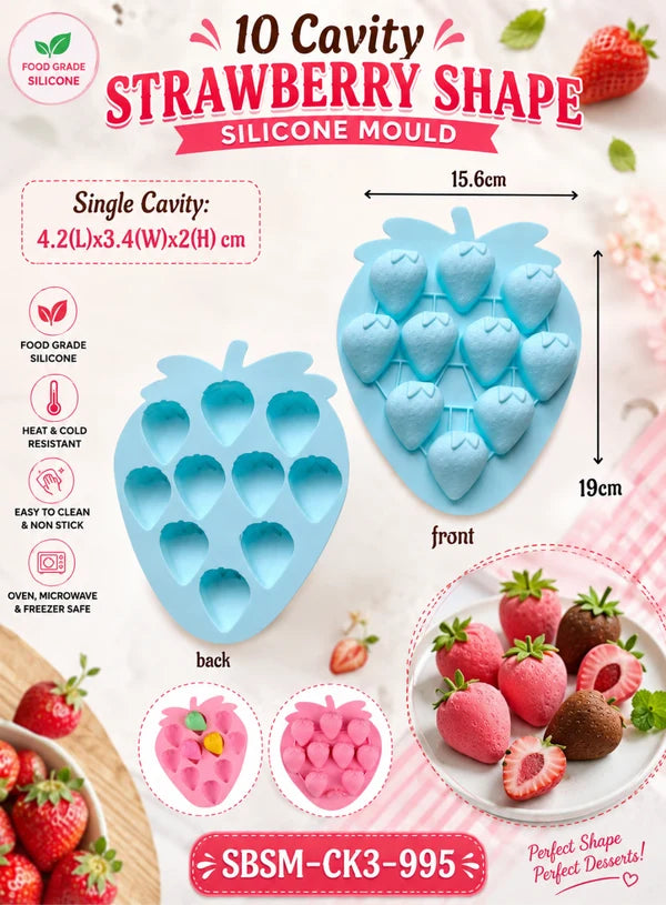 10 Cavity Strawberry Shape Silicone Mould | Strawberry Chocolate, Candy & Dessert Mould (SBSM-CK3-995) (MOQ 12 PCS) (EE)