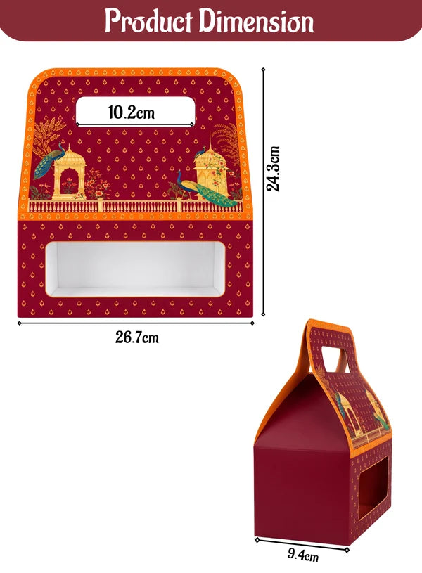 3 Jar Maroon Peacock Design Traditional Gift Hamper Box with Clear Window Without Jars (1Pc) | 26.7 x 9.4 x 24.3 cm | SBBX-TBL-2115 | (MOQ 100 PCS)