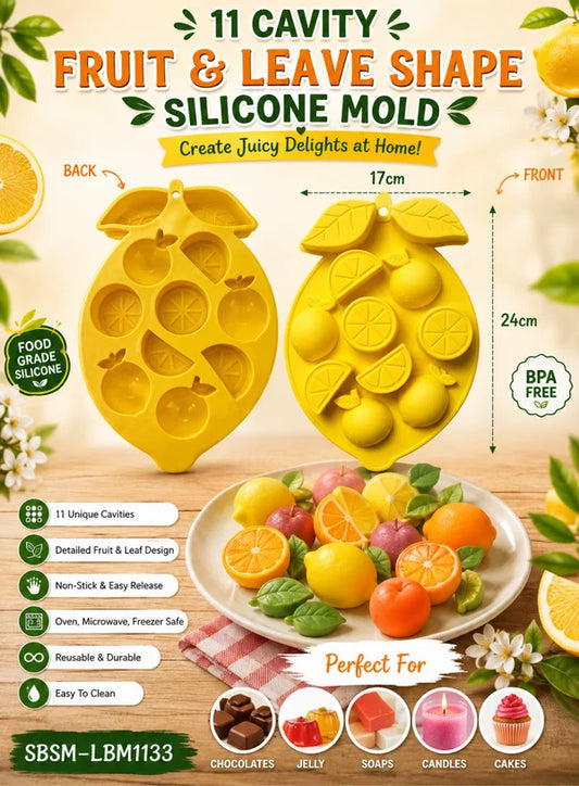 11 Cavity Citrus Fruit & Leaf Silicone Mould | Lemon, Orange, Lime Chocolate, Candy & Dessert Mould (SBSM-LBM1133) -(MOQ 12 PCS) (UD)