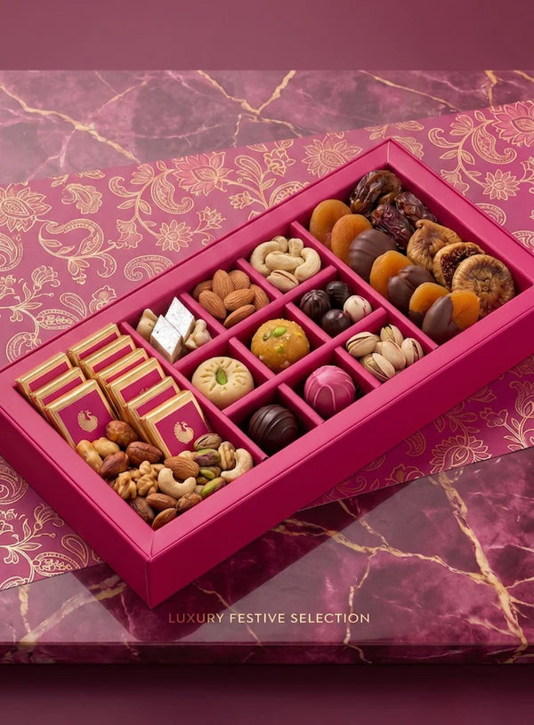 11 Cavity Rectangle Pink Sliding Hamper Box with Tray & Compartments | Festive Gift Box (SBBX-3133) - (MOQ 100 PCS)