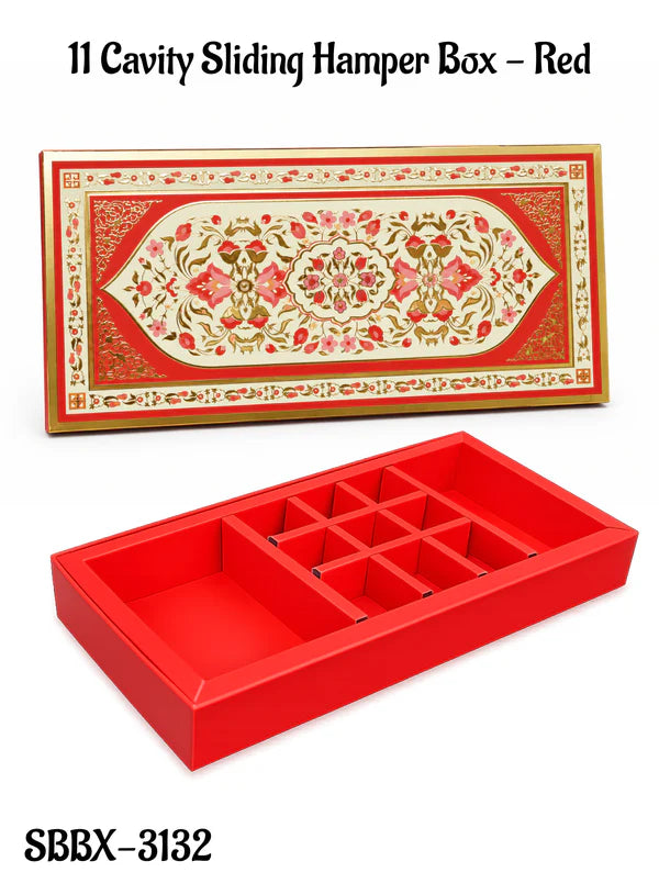 11 Cavity Rectangle Red Sliding Hamper Box with Tray & Compartments | Festive Gift Box (SBBX-3132) - (MOQ 100 PCS)