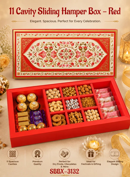 11 Cavity Rectangle Red Sliding Hamper Box with Tray & Compartments | Festive Gift Box (SBBX-3132) - (MOQ 100 PCS)