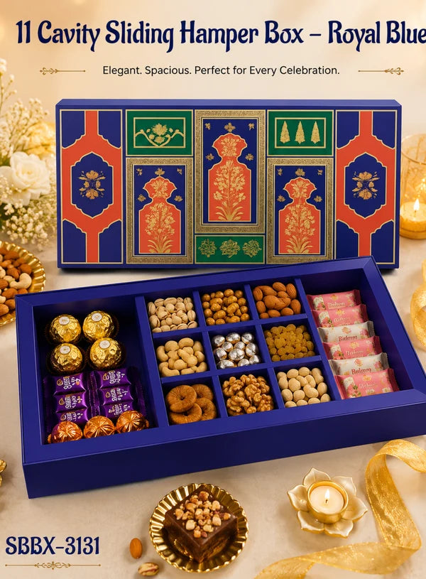 11 Cavity Rectangle Royal Blue Sliding Hamper Box with Tray & Compartments | Festive Gift Box (SBBX-3131) - (MOQ 100 PCS)