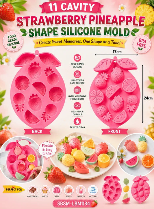 11 Cavity Strawberry & Pineapple Fruit Shape Silicone Mould | Strawberry, Citrus, Watermelon & Fruit Chocolate Dessert Mould (SBSM-LBM1134) - (MOQ 12 PCS) (UD)