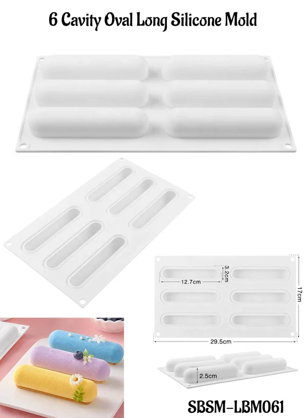 6 Cavity Oval Long Silicone Mold | Long Oval Mousse, Cake, Eclair & Dessert Baking Tray (SBSM-LBM061) -(MOQ 12 PCS) (AIE)