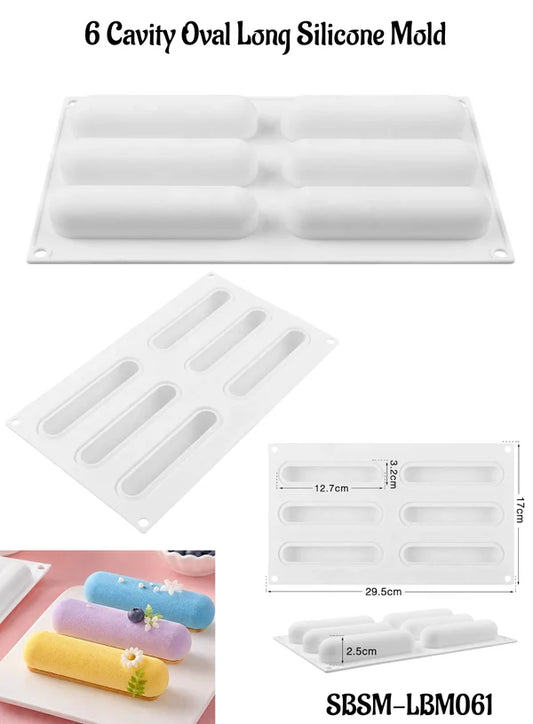 6 Cavity Oval Long Silicone Mold | Long Oval Mousse, Cake, Eclair & Dessert Baking Tray (SBSM-LBM061) -(MOQ 12 PCS) (AIE)