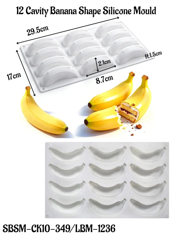 12 Cavity Banana Shape Silicone Mould | Banana Dessert, Chocolate & Cake Mould (SBSM-CK10-349/LBM-1236) - (MOQ 12 PCS) (AIE)