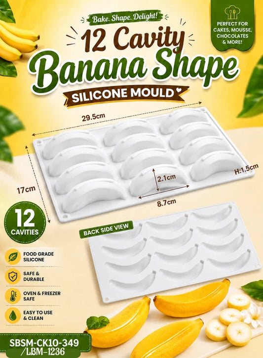 12 Cavity Banana Shape Silicone Mould | Banana Dessert, Chocolate & Cake Mould (SBSM-CK10-349/LBM-1236) - (MOQ 12 PCS) (AIE)