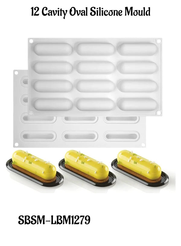 12 Cavity Oval Silicone Mould | Oval Mousse Cake, Eclair, Truffle, Dessert & Baking Tray (SBSM-LBM1279) - (MOQ 12 PCS) (ADD)