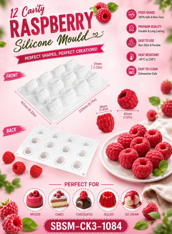12 Cavity Raspberry Silicone Mould | Raspberry Shape Fruit Mould for Mousse, Chocolate, Cake & Dessert (SBSM-CK3-1084) - (MOQ 12 PCS) (AAD)