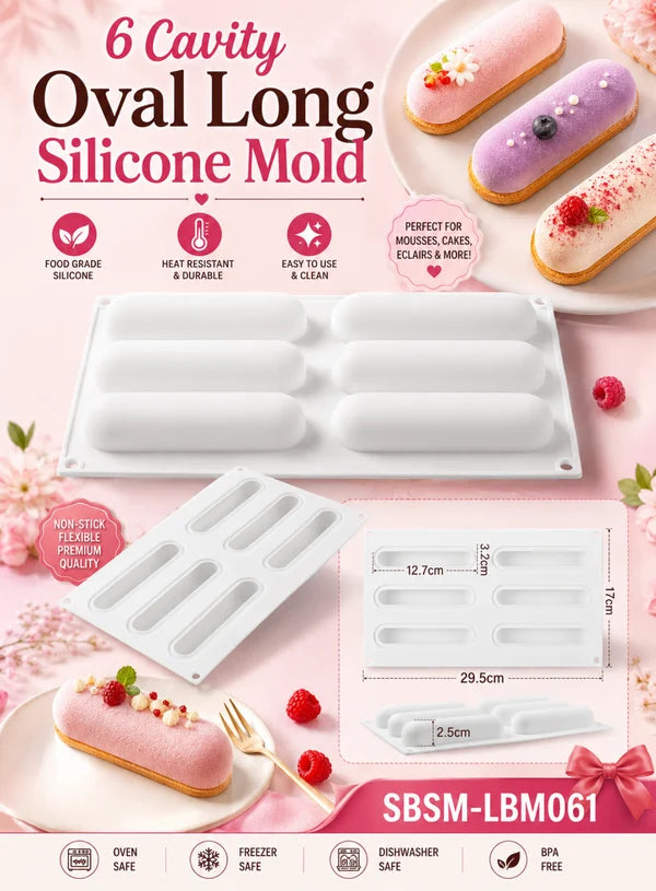 6 Cavity Oval Long Silicone Mold | Long Oval Mousse, Cake, Eclair & Dessert Baking Tray (SBSM-LBM061) -(MOQ 12 PCS) (AIE)