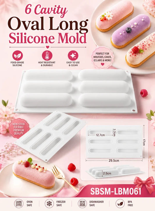 6 Cavity Oval Long Silicone Mold | Long Oval Mousse, Cake, Eclair & Dessert Baking Tray (SBSM-LBM061) -(MOQ 12 PCS) (AIE)