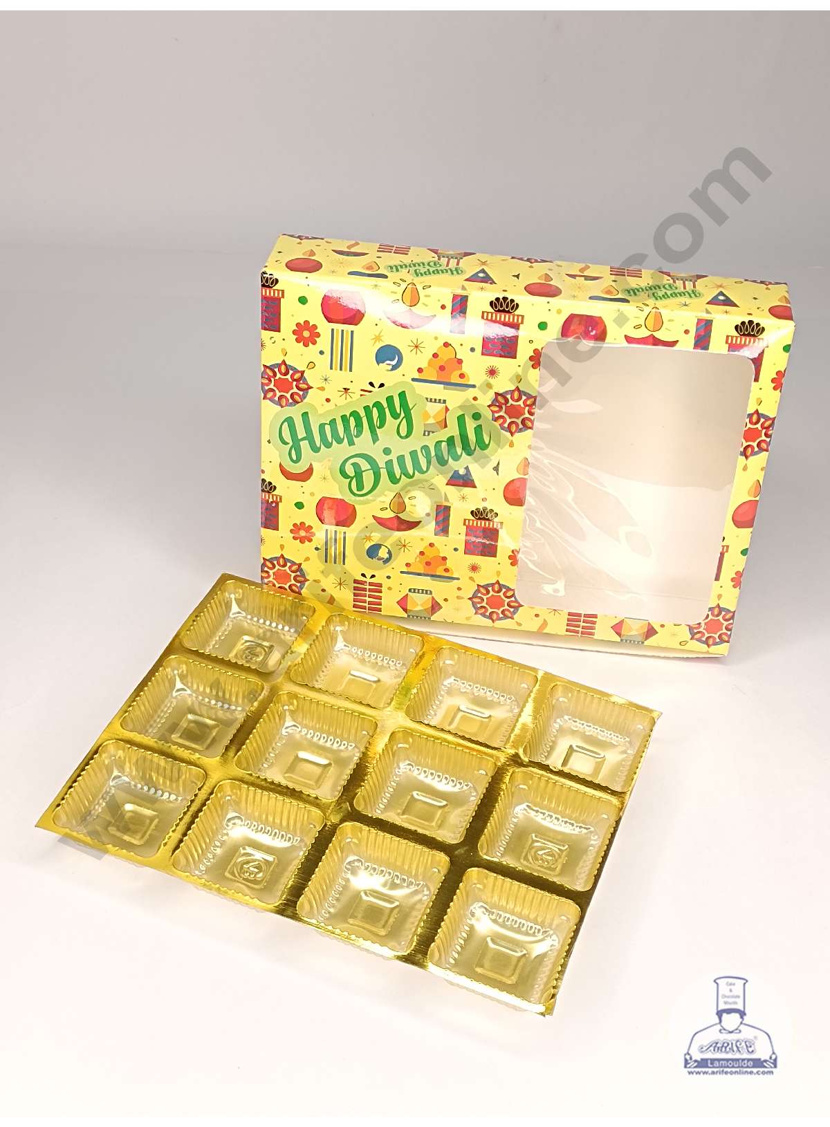 12 Cavity Diwali Theme Chocolate Box with Clear Window & Cavity ( 10 Piece Pack ) - Yellow (MOQ 12 PACK) (ARD)