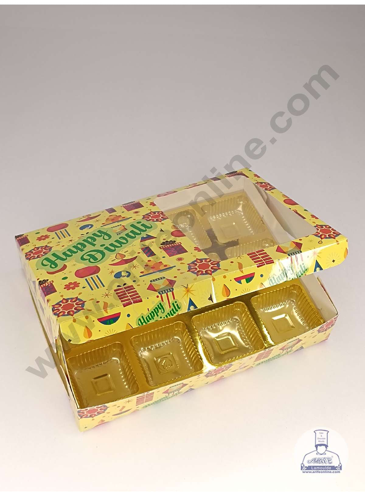 12 Cavity Diwali Theme Chocolate Box with Clear Window & Cavity ( 10 Piece Pack ) - Yellow (MOQ 12 PACK) (ARD)