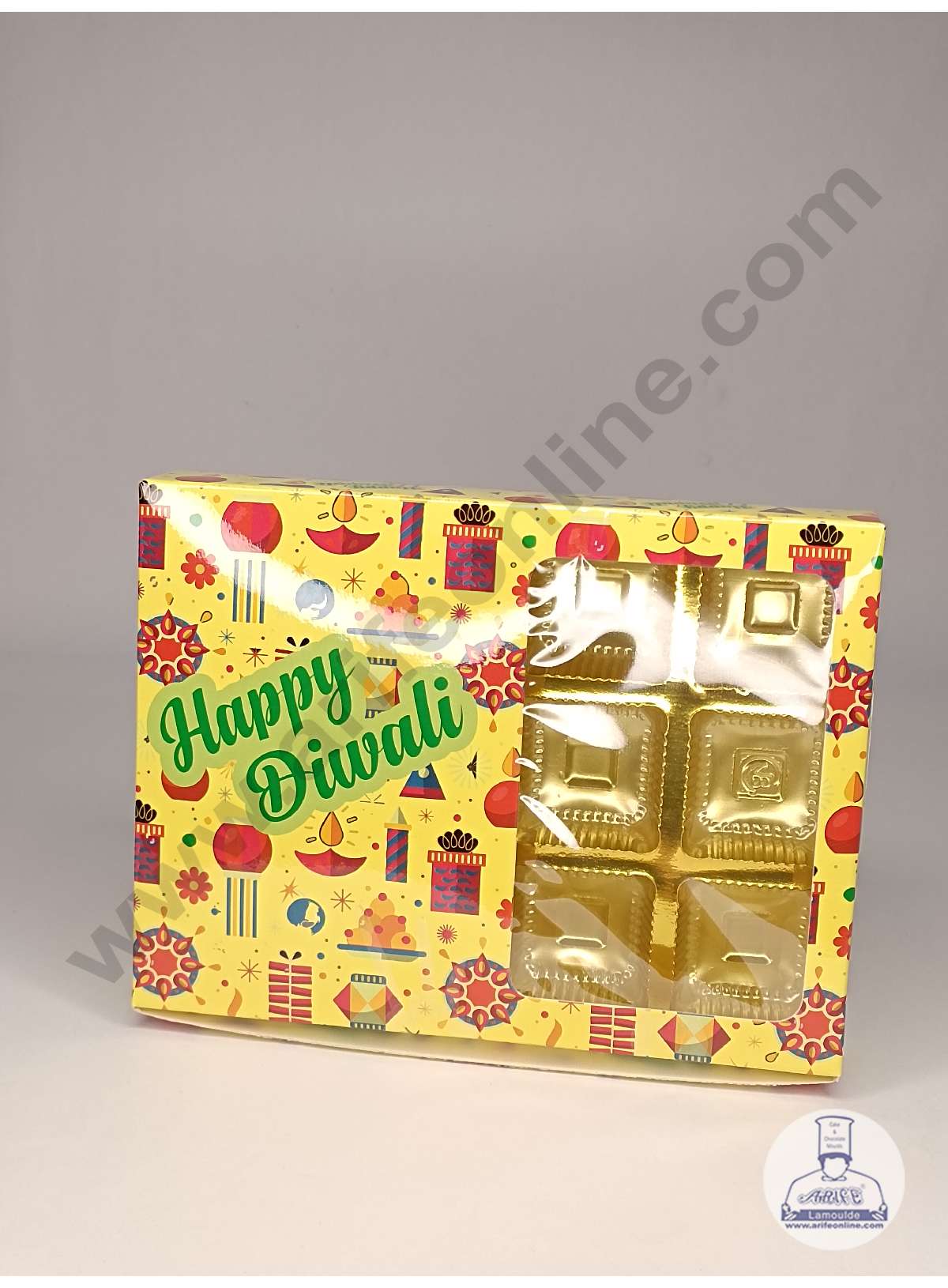 12 Cavity Diwali Theme Chocolate Box with Clear Window & Cavity ( 10 Piece Pack ) - Yellow (MOQ 12 PACK) (ARD)