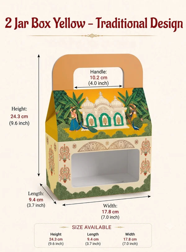 2 Jar Yellow Palace & Peacock Traditional Gift Hamper Box with Clear Window Without Jars (1Pc) | 17.8 x 9.4 x 24.3 cm | SBBX-TBL-2116 |  (MOQ 100 PCS)