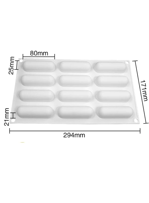 12 Cavity Oval Silicone Mould | Oval Mousse Cake, Eclair, Truffle, Dessert & Baking Tray (SBSM-LBM1279) - (MOQ 12 PCS) (ADD)