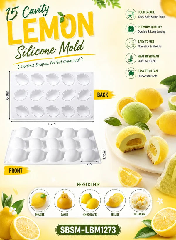 15 Cavity Lemon Shape Silicone Mould | Lemon Mousse, Chocolate, Cake & Dessert Baking Mould (SBSM-LBM1273) - (MOQ 12 PCS) (AIE)