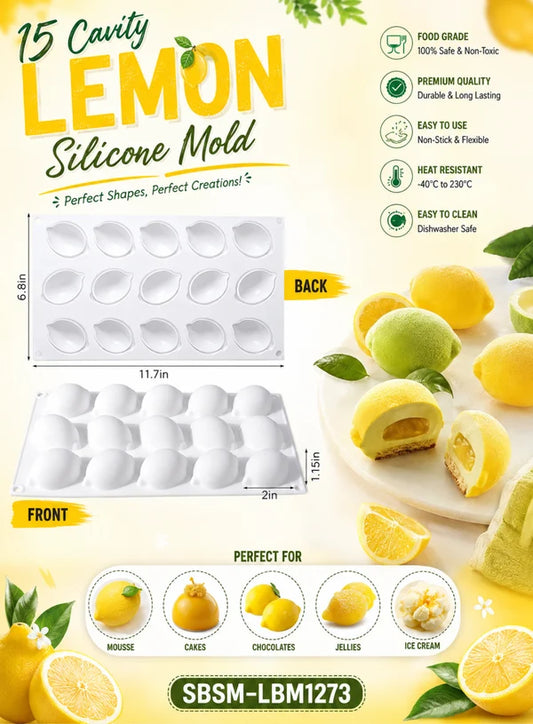 15 Cavity Lemon Shape Silicone Mould | Lemon Mousse, Chocolate, Cake & Dessert Baking Mould (SBSM-LBM1273) - (MOQ 12 PCS) (AIE)