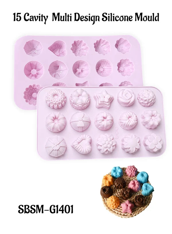 15 Cavity Multi Design Silicone Mould | Assorted Flower, Bundt Cake, Chocolate, Soap & Jelly Baking Tray (SBSM-G1401) - (MOQ 12 PCS) (AID)