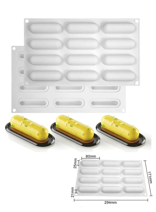 12 Cavity Oval Silicone Mould | Oval Mousse Cake, Eclair, Truffle, Dessert & Baking Tray (SBSM-LBM1279) - (MOQ 12 PCS) (ADD)