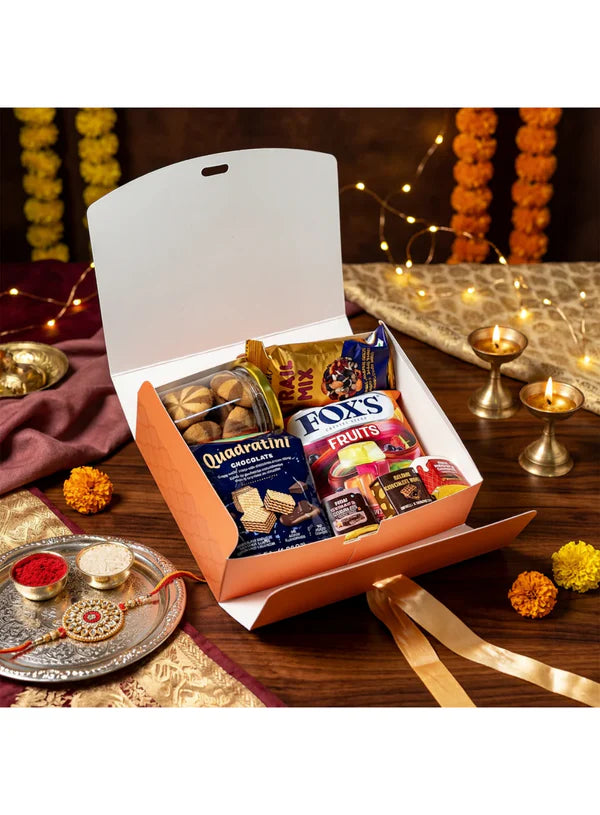 Big Raksha Bandhan Design Hamper Box With Ribbon - Peach (9x7x3 Inch) | Rakhi Gift Box (SBBK-94-P) - (MOQ 100 PCS)