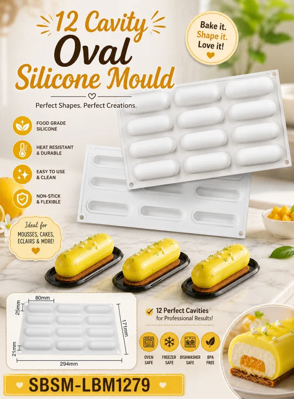12 Cavity Oval Silicone Mould | Oval Mousse Cake, Eclair, Truffle, Dessert & Baking Tray (SBSM-LBM1279) - (MOQ 12 PCS) (ADD)