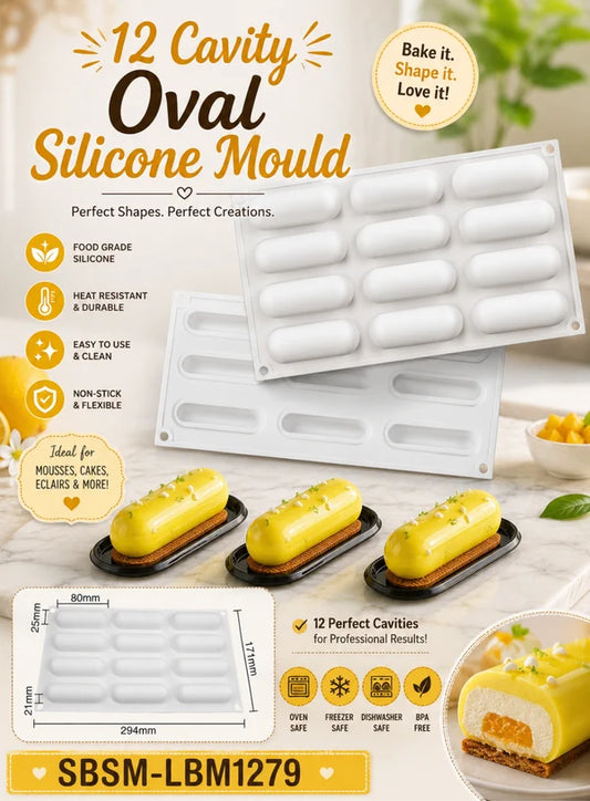 12 Cavity Oval Silicone Mould | Oval Mousse Cake, Eclair, Truffle, Dessert & Baking Tray (SBSM-LBM1279) - (MOQ 12 PCS) (ADD)
