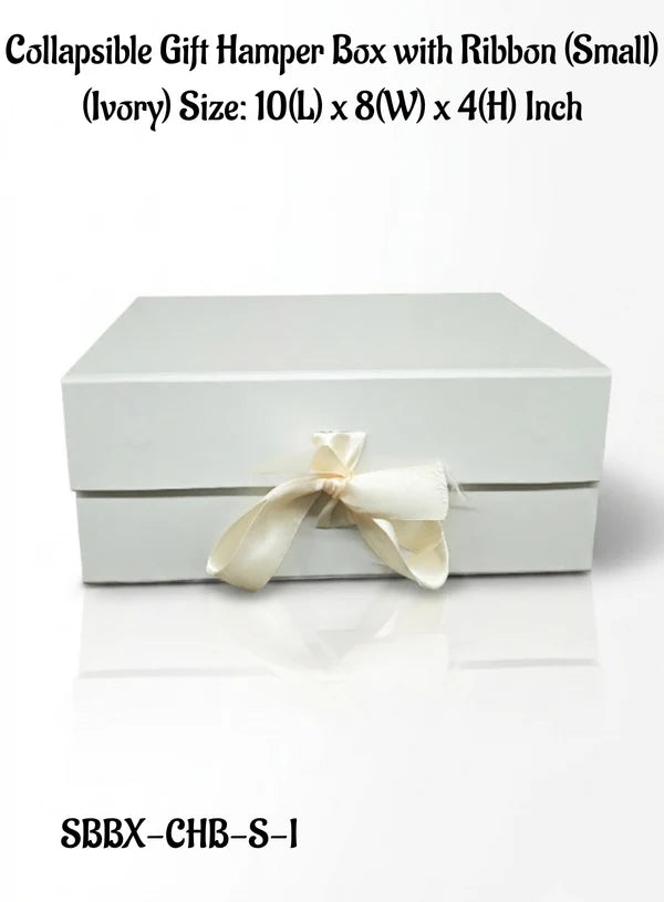 Small Collapsible Gift Hamper Box With Ribbon - Ivory (10x8x4 Inch) | 1 Pc | Foldable Reusable Magnetic Gift Packaging Box (SBBX-CHB-S-I) - (MOQ 50 PCS)