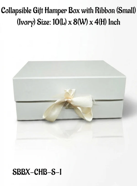 Small Collapsible Gift Hamper Box With Ribbon - Ivory (10x8x4 Inch) | 1 Pc | Foldable Reusable Magnetic Gift Packaging Box (SBBX-CHB-S-I) - (MOQ 50 PCS)