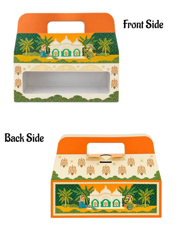 3 Jar Yellow Palace & Peacock Traditional Gift Hamper Box with Clear Window Without Jars (1Pc) | 26.7 x 9.4 x 24.3 cm | SBBX-TBL-2117 | (MOQ 100 PCS)