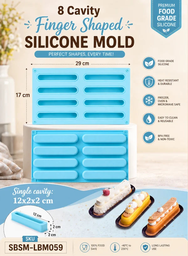 8 Cavity Finger Shaped Silicone Mold | Long Finger Mousse, Eclair, Truffle, Cake & Dessert Baking Tray (SBSM-LBM059) - (MOQ 12 PCS) (AIE)