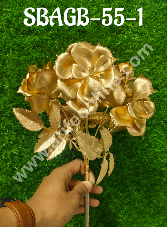 Gold Glittered Artificial Rose Flowers | Decorative Item For Cake Decoration- 1 Stick (SBAGB-55-1) (MOQ 12 PCS)