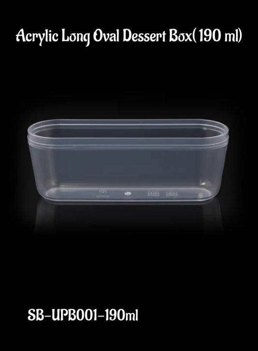 Acrylic Long Oval Tiramisu & Dessert Box with Lid – 190 ml Transparent Container for Mousse, Pudding & Bakery Packaging (SB-UPB001-190ml)   (MOQ 500 PCS)  (RF)