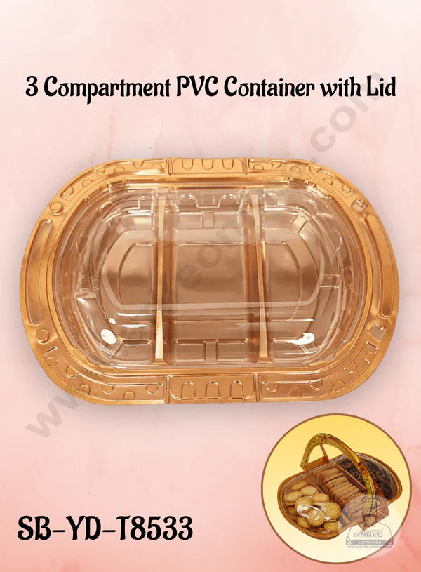 3 Compartment PVC Container with Lid - 1 Piece Premium Leak-proof takeaway PET Food Packaging Golden Plastic Container with Transparent Lid - (27X26X4cm)  (MOQ 100 PCS) (IE)