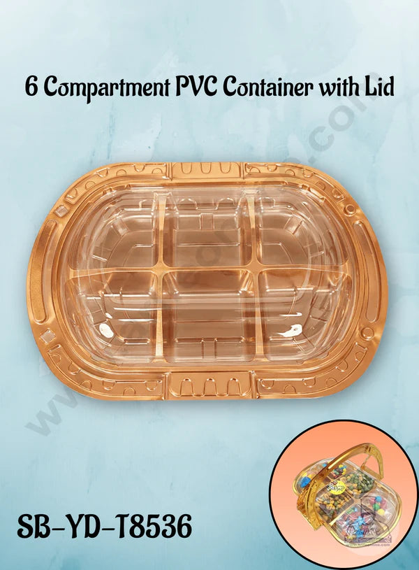 6 Compartment PVC Container with Lid - 1 Piece Premium Leak-proof takeaway PET Food Packaging Golden Plastic Container with Transparent Lid - (27X26X4cm) (MOQ 100 PCS) (IE)