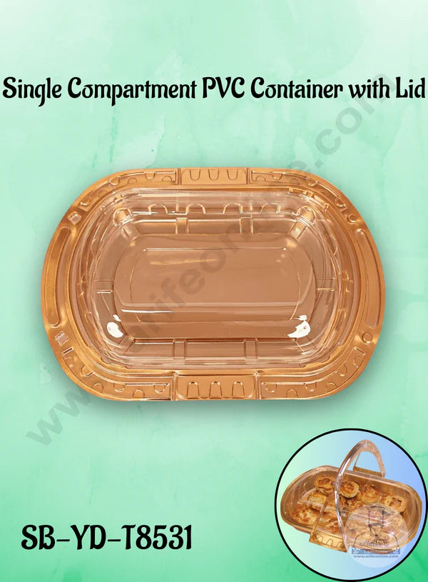 Single Compartment PVC Container with Lid - 1 Piece Premium Leak-proof takeaway PET Food Packaging Golden Plastic Container with Transparent Lid - (27X26X4cm) (MOQ 100 PCS) (IE)