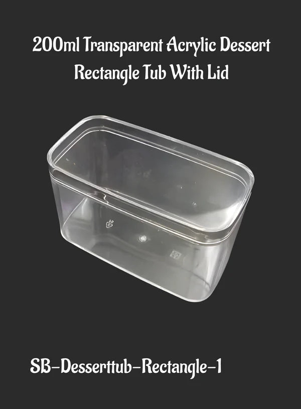 200ml Transparent Acrylic Rectangle Tiramisu Dessert Tub with Lid (SB-Desserttub-Rectangle-1) (MOQ 500 PCS) (AO)