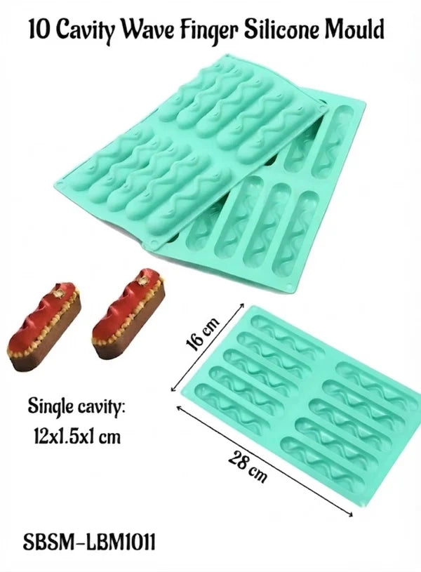 10 Cavity Wave Finger Silicone Mould | Wave Mousse, Eclair, Chocolate Bar & Dessert Baking Tray (SBSM-LBM1011)  (MOQ 12 PCS)
