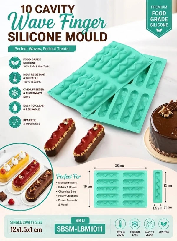 10 Cavity Wave Finger Silicone Mould | Wave Mousse, Eclair, Chocolate Bar & Dessert Baking Tray (SBSM-LBM1011)  (MOQ 12 PCS)