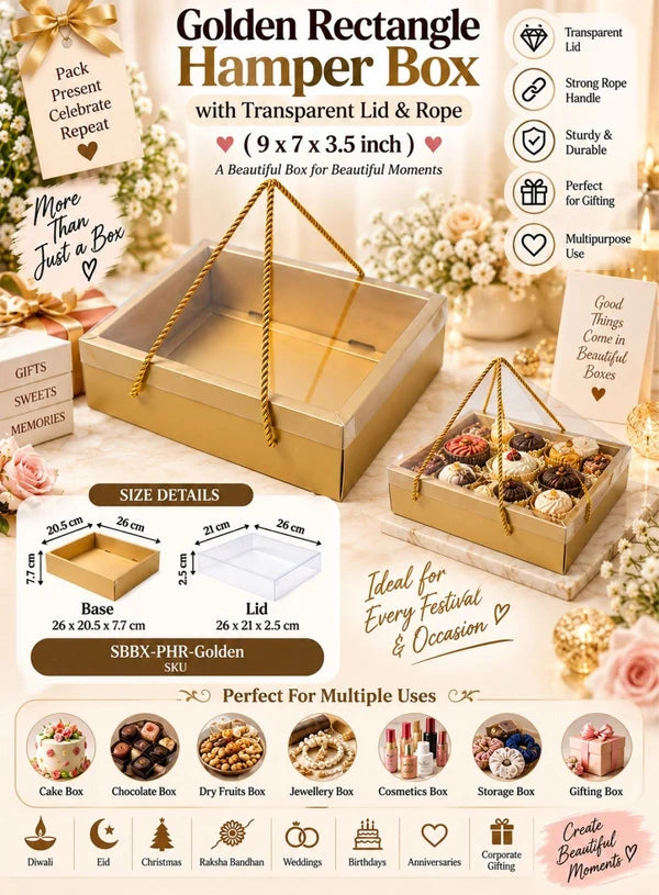 Golden Rectangle Hamper Box with Transparent Lid & Rope – 9 x 7 x 3.5 Inch | Premium Gift Packaging Box(SBBX-PHR-Golden) (MOQ 100 PCS) (IE)