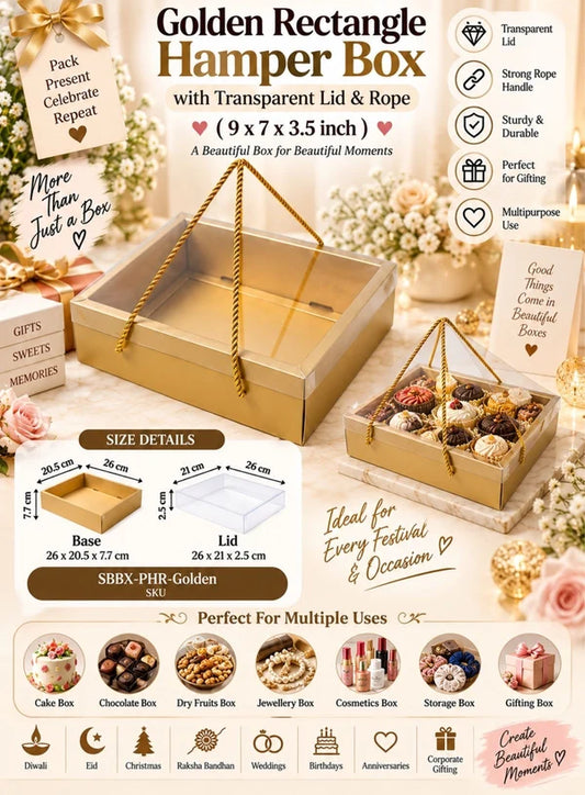 Golden Rectangle Hamper Box with Transparent Lid & Rope – 9 x 7 x 3.5 Inch | Premium Gift Packaging Box(SBBX-PHR-Golden) (MOQ 100 PCS) (IE)