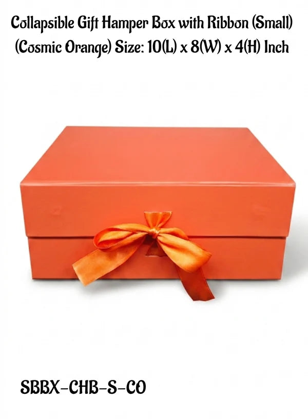Small Collapsible Gift Hamper Box With Ribbon - Cosmic Orange (10x8x4 Inch) | 1 Pc | Foldable Reusable Magnetic Gift Packaging Box (SBBX-CHB-S-CO) - (MOQ 50 PCS)