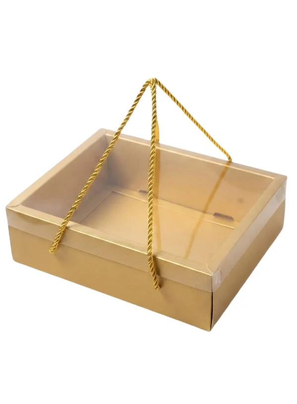Golden Rectangle Hamper Box with Transparent Lid & Rope – 9 x 7 x 3.5 Inch | Premium Gift Packaging Box(SBBX-PHR-Golden) (MOQ 100 PCS) (IE)