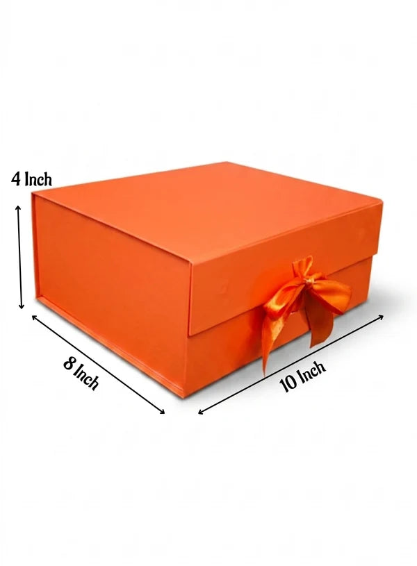 Small Collapsible Gift Hamper Box With Ribbon - Cosmic Orange (10x8x4 Inch) | 1 Pc | Foldable Reusable Magnetic Gift Packaging Box (SBBX-CHB-S-CO) - (MOQ 50 PCS)