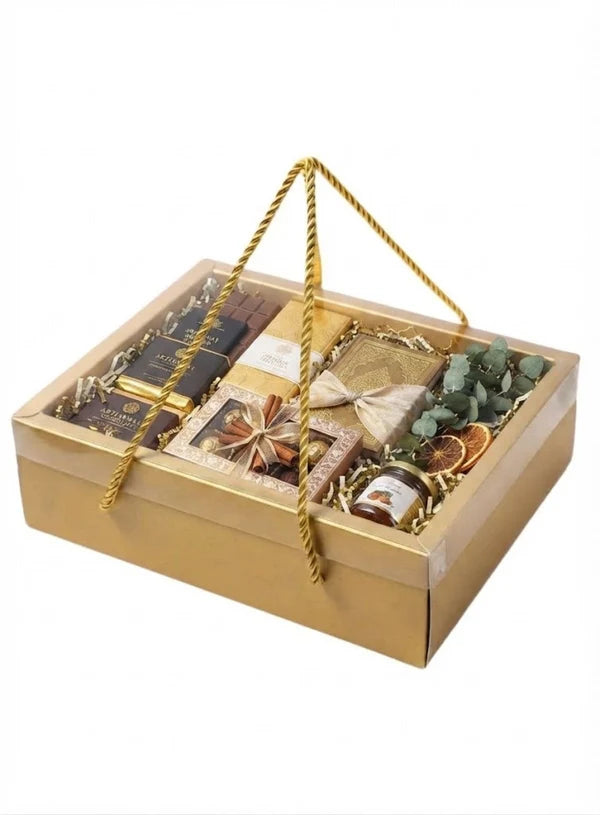Golden Rectangle Hamper Box with Transparent Lid & Rope – 9 x 7 x 3.5 Inch | Premium Gift Packaging Box(SBBX-PHR-Golden) (MOQ 100 PCS) (IE)