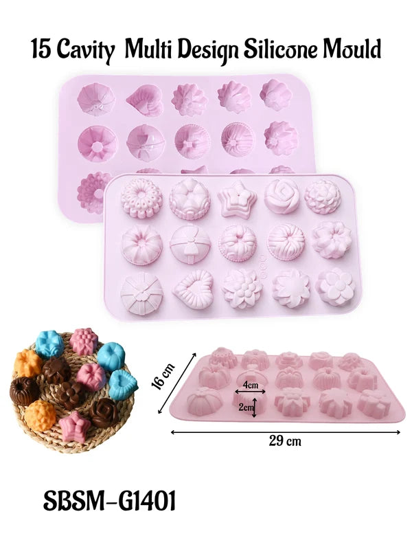15 Cavity Multi Design Silicone Mould | Assorted Flower, Bundt Cake, Chocolate, Soap & Jelly Baking Tray (SBSM-G1401) - (MOQ 12 PCS) (AID)